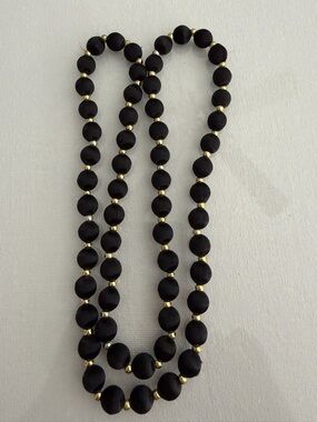 30” vintage Black  silk thread wrapped Necklace with Gold Accents